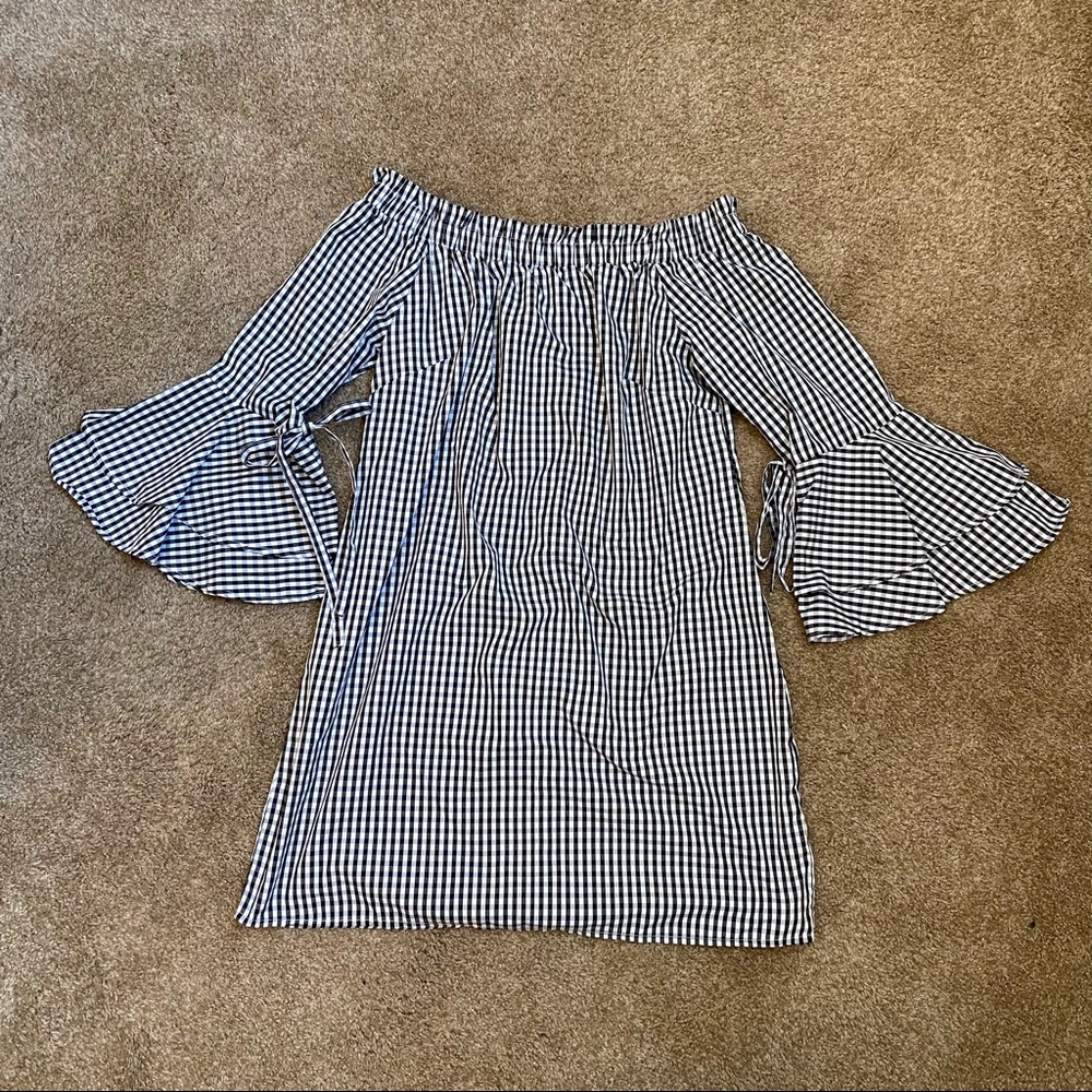 Stylehouse Black & White Gingham Off-the-Shoulder Bell Sleeve Dress